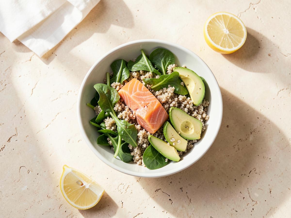 Salmon quinoa spinach and avocado meal