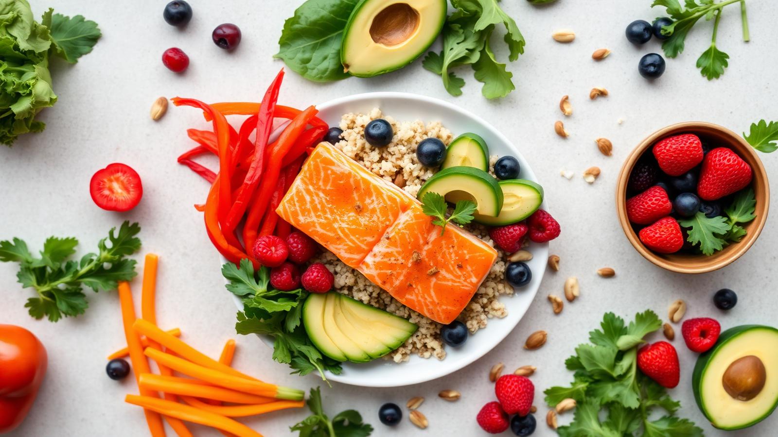 Vibrant plate of healthy food photographed from above
